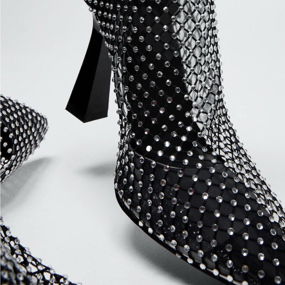 Mango MNG Black Mesh Rhinestone Heeled Boots - Picture 5 of 11